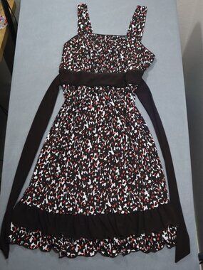Cato Smocked Sundress S Brown Floral Tie Sash Ruffle Hem Knee Length Dress‎